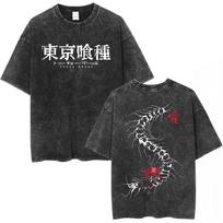 Skalbti vintažiniai anime Tokyo Ghoul Hrizantemos grafikos marškinėliai Manga Kaneki Ken spaudiniai T-shirt vyrams moterims Retro per dideli marškinėliai L gray