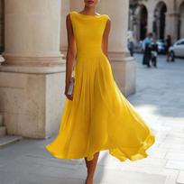 Moteriška suknelė midi be rankovių su gobtuvu Elegantiško vienspalvio dizaino S-formos, tinkama atostogoms ir kasdieniam dėvėjimui L yellow