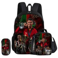 Ronaldo 3 dalių rinkinys Mokyklinė kuprinė CR Futbolo žvaigždė vaikiškas kuprinukas Pieštukinių krepšiai Kuprinė pietų krepšys Futbolo sporto kuprinys Vaikų dovana black
