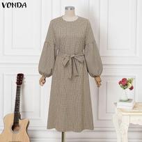 VONDA Women Vintage Plaid Midi Dress Autumn O Neck Puff Long Sleeve Belted A Line Swing Party Casual Dresses L gray