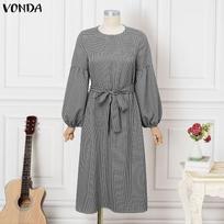 VONDA Women Vintage Plaid Midi Dress Autumn O Neck Puff Long Sleeve Belted A Line Swing Party Casual Dresses 2XL