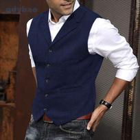 Men S Classic Herringbone Suit Vest Casual Solid Color XXXL tamsiai mėlyna spalva