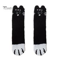 Elastic Mid Calf Socks Cute Cat Paw for Women, Winter Fuzzy Socks, Cozy Soft Plush Embroidered Women Animal Slipper Warm Coral Fleece Sleeping Autumn One Size E gray