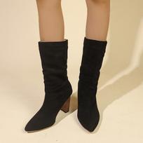 Fashion Women Suede Leather Mid-calf Boots Sexy Pointed Toe Block High Heel Pleated Long Boots Ladies Fashion Chunky Heel Botas De Mujer 35 juoda