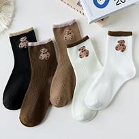 5 poros meškiuko kojinės Moteriškos korėjietiško stiliaus vamzdinės kojinės žieminės storos šiltos kojinės 5 Pair gray