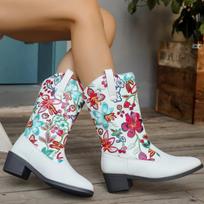 Women's Flower Print Mid Calf Boots PU Leather Chunky Heeled Shoes Street Cowboy Boots Woman Pointed Slip on Western Botas Mujer 43