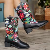 Women's Flower Print Mid Calf Boots PU Leather Chunky Heeled Shoes Street Cowboy Boots Woman Pointed Slip on Western Botas Mujer 43