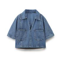 Spring Retro Vent Bag Decoration Short Denim Shirt XS gray