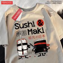 Theduc Sushi And Sushi Printing Men Women Tshirt Cotton T-Shirts Loose T Shirt Crewneck Loose Tops Fashion Clothes Unisex 5XL gray