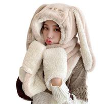 3in1 Sweet Long-eared Rabbit Hat Scarf Gloves Set Winter Windproof for Women pilkai balta spalva