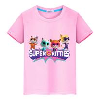 Summer Anime Super Kitties 100% Cotton T-shirt Print Short Tops Cartoon Pride Tshirt Y2k One Piece Boys Tees Kids Clothes Girls 110 pink