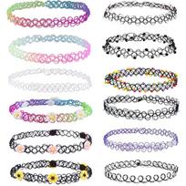 12vnt. Senovinio stiliaus Tampri Choker Karoliai Moteriai Mergaitei Tatuiruotės Choker Karoliai Punk Retro Gotikiniai Elastingi Karoliai Moterims white