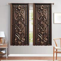 Set Of 2 Classic Al Wood Carved Curtains Sunshade Privacy Protecting Pole Style Curtain Polyester W132*H213(CM)-Rod Pocket&1PCS