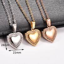 Stainless Steel Zirconia Heart Photo Locket Pendant Openable Picture Box Frame Charms Chain Necklace for Women Men Metal Jewelry Rose Gold