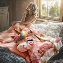 Rožinis pliušinis vienaragis Žvaigždės Flanelinis pledas Šiltas minkštas Helovino Kalėdų Sofa Šiltas jaukus Dekoratyvinis Dekoras Dovana Visam Sezonui 75cm*90cm white