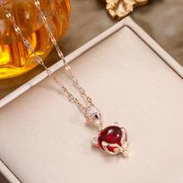 Ruby & Diamond Fox Pendant Titanium Steel Necklace - Women's Fashion Versatile Clavicle Chain Jewelry brown
