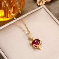 Ruby & Diamond Fox Pendant Titanium Steel Necklace - Women's Fashion Versatile Clavicle Chain Jewelry