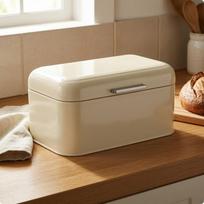 Metalinė duonos dėžutė Blizgi apdaila Geležinė laikymo talpykla Pakeliamas dangtis Stalo organizatorius Cream White beige