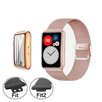 Dirželis, skirtas Huawei Watch Fit Band Fit/Fit 2 su dėklu, metaline apyranke Huawei plėvele ekrano apsauga, skirta išmaniesiems laikrodžio apyrankės priedams Huawei Watch Fit rožinio aukso spalvos