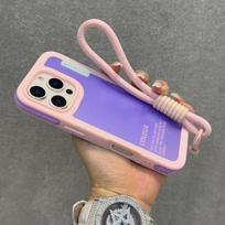 Candy Contrast Color Laser Wrist Strap Case For iPhone 14 15 16 Pro Max Frosted IMD Anti-Loss Cord Lanyard Soft Bumper Cover iPhone 15 Pro Max purple