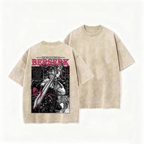 Men Berserk Japanese Anime Graphic T-shirt Vintage Washed Oversized Short Sleeve Top Casual Loose Tees 3XL beige