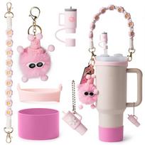 6pcs Cup Accessories Set for Floral Themed Thermal Bottle Handle Strap/Silicone Cup Boots/Spill Proof Stopper/Hairball Charm Kit