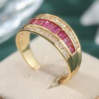 Light Luxury Vintage Inlaid Red Synthetic Zirconia Ring for Women Fashion Temperament Wedding Engagement Banquet Jewelry Crafts 7&Gold-color beige