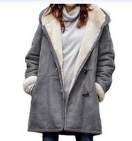 Women's Hooded Long Sleeve Mid Length Coat Loose Fit Sherpa Lined Toggle Button Warm Thick Outerwear Solid Neutral Style Fall Winter Jacket 5XL gray