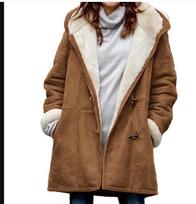 Women's Hooded Long Sleeve Mid Length Coat Loose Fit Sherpa Lined Toggle Button Warm Thick Outerwear Solid Neutral Style Fall Winter Jacket 5XL gray