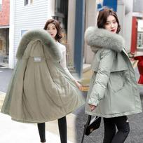 Autumn and Winter Women's Mid-length Plus Velvet Thickened Hooded Cotton Coat XXXL gray