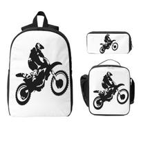 Moto X Dirt Bike Monotone Vector Art Backpack BookBag School Bag Computer Shoulder Bags 3ps Insulated Lunch Bag Pencil Case One Size white