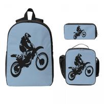 Moto X Dirt Bike Monotone Vector Art Backpack BookBag School Bag Computer Shoulder Bags 3ps Insulated Lunch Bag Pencil Case One Size