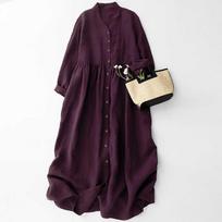 Women's Long Sleeve Maxi Dress V Neck Mid Rise Casual Loose Fit Solid Color Linen Shirt Dress M black