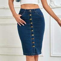 Women Button Front High Waist Bodycon Denim Midi Skirt Casual Pencil Skirt M brown