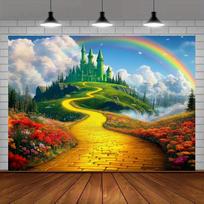 Geltonos plytos ir smaragdo pilies fonas vakarėlis dekoruotas geltonos plytų kelio fonu gėlės vaivorykštė 59x51.1inch/150*130cm