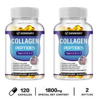 Xemenry kolageno peptidai 1800 mg, turintys penkių tipų: I, II, III, V ir X, 120 vegetariškų kapsulių, tinka suaugusiems. 120*2