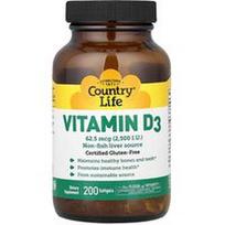 Country Life, Vitaminas D3, 62,5 mcg (2500 TV), 200 minkštųjų gelių