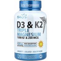Nutri, D3 ir K2 trigubas magnis, 120 veganiškų kapsulių