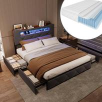 Dvigulė lova 140x200 cm - su čiužiniu - su LED ir USB jungtimis - su 4 stalčiais - aksominė - pilka