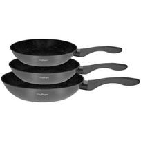 Rinkinys 3 nepridegančių keptuvių Cheffinger 20/24/28 cm — pilkos akmens danga, silikoninės rankenos
