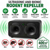Ultragarsinis ir bioninis graužikų atbaidytuvas. 5 režimai, 15–45 kHz, veikimo plotas iki 600 m²