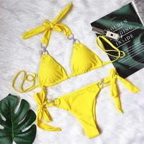 Halter Bling Diamond Bikini Moteriškas maudymosi kostiumėlis Moteriški maudymosi kostiumėliai Dviejų dalių bikinio rinkinys maudymosi kostiumėlis L geltona