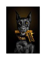 Madingas juodasis dobermano šunų liūtas su pistoletu Plakatas, drobė, tapyba, prabangus gyvūnas, sienos paveikslas, skirtas svetainės namų dekoravimui 50x70cm No Frame