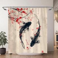 Kinų Japonų Koi Rašalo Tapyba Dušo Užuolaida Raudona Vyšnių Žiedų Banga Žuvys Akvarelės Tapyba Vonios Užuolaidos Vonios Dekoras 90x180cm gray