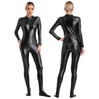 S-3XL Moteriškas blizgus metalinis Zentai kombinezonas visam kūnui, su paaukštintu kaklu, ilgomis rankovėmis, užtraukiamas priekyje, Unitard, skirtas pasirodymams ir klubui S juoda