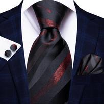 Hi-Tie Bordo dryžuotas gėlėtas šilkinis vestuvinis kaklaraištis vyrams Naujas dizainerio vyriškas kaklaraištis, nosinaitė, sąsagos Verslo vakarėliui Dropshipping black