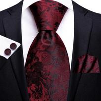 Hi-Tie Bordo dryžuotas gėlėtas šilkinis vestuvinis kaklaraištis vyrams Naujas dizainerio vyriškas kaklaraištis, nosinaitė, sąsagos Verslo vakarėliui Dropshipping black