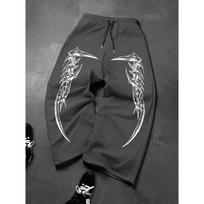 Black Wide Leg Men's Sports Pants, White Flame and Tribal Abstract Print Drawstring Loose, Urban Street Style S gray
