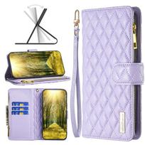 Applicable to iPhone16E mobile phone leather case 14Pro rhombus pattern small fragrant style zipper bag leather case 15plus solid color iPhone16E violetinė