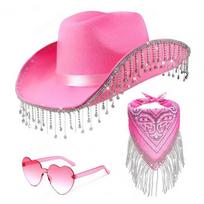 3pcs/Set Bandana Stage Performance Hat Heart Sunglasses Rhinestone Tassel Western Cowboy Hat Solid Color Wide Brim rožinė